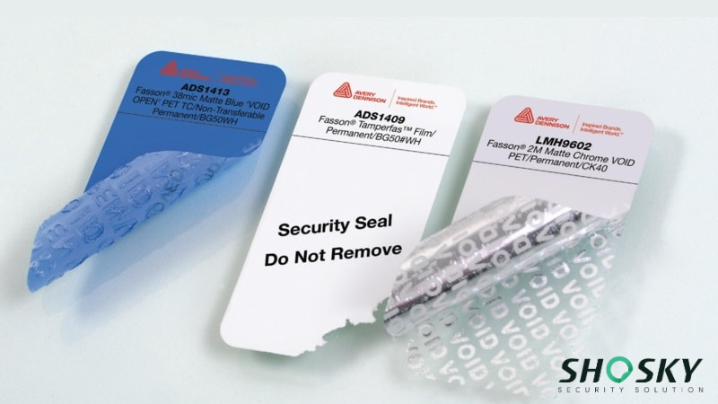 Three security labels tested for harsh environment resistance, showing "VOID" pattern when peeled off