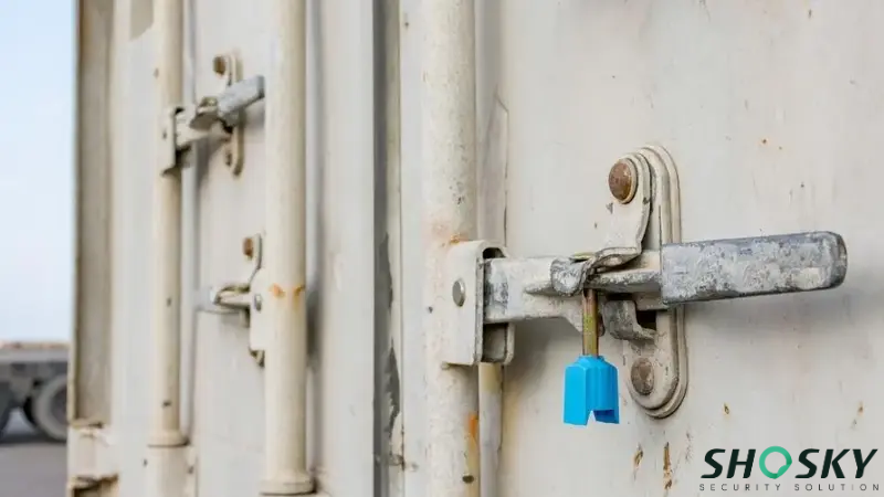 A container door secured with a security seal