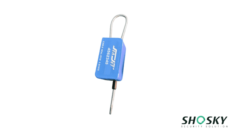 A blue RFID e-seal cable security tag with a wire loop and printed serial numbers