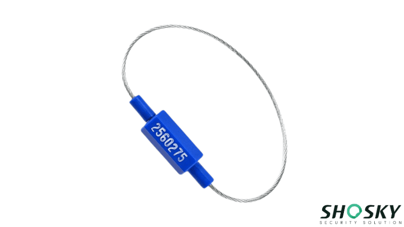 Blue ISO Class S cable seal with a metallic wire loop and printed serial numbers