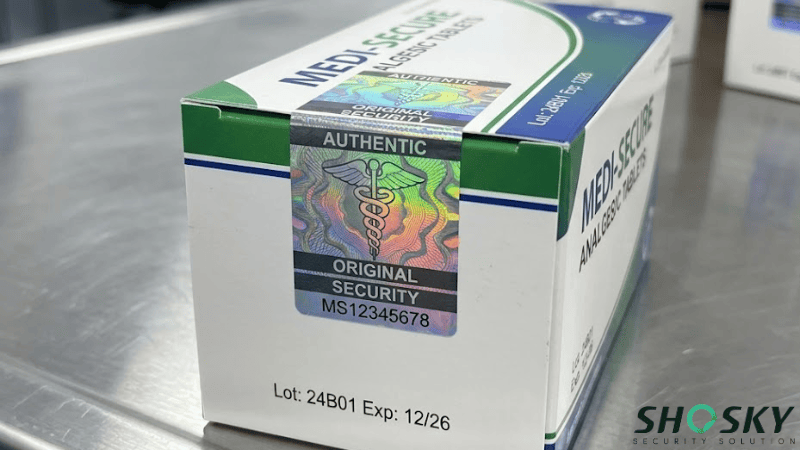 a shosky's hologram sticker used on a medical box