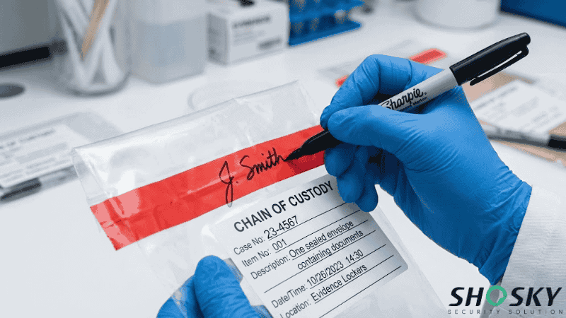 someone seal and sign on a tamper evident bag