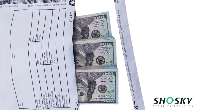 cash putting in a deposit bag