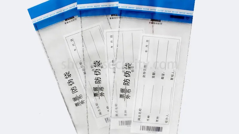 Transparent plastic bags with blue tamper-evident sealing strips