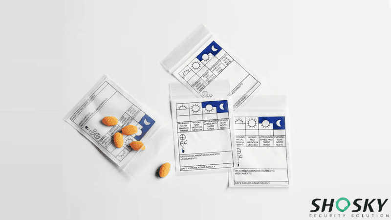 Different tamper-evident bags with orange pills