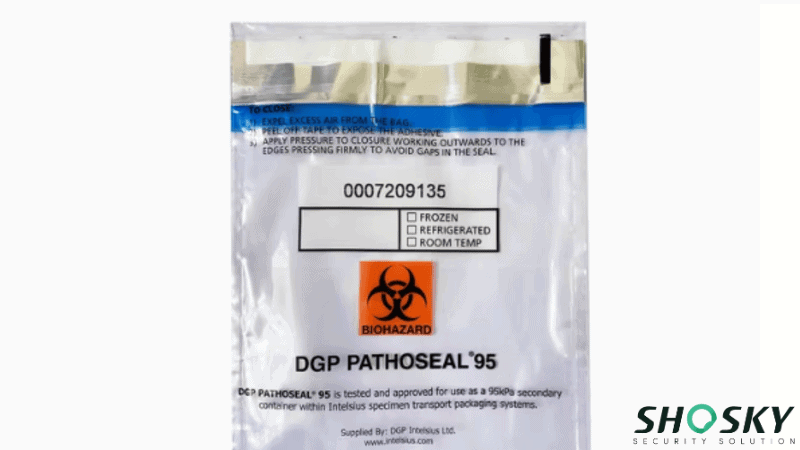 Heat-sealed security bag with barcode and biohazard warning