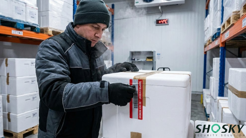 sticking tamper evident label on a box of cold chain