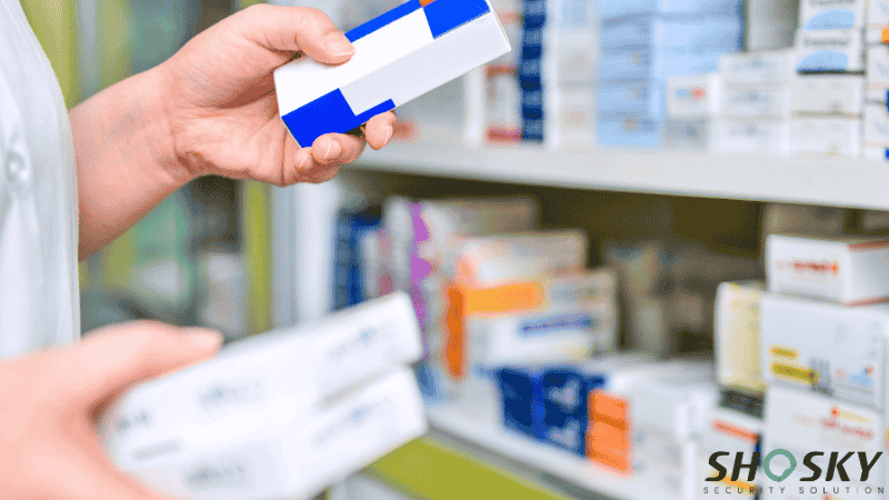 different medicine packaging in a pharmacy