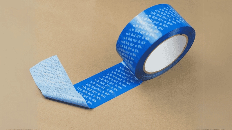 Blue security tape applied to a box, showing tamper-evident effect
