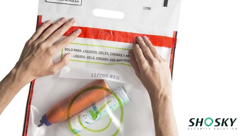 Clear bag labeled for liquids, gels, and aerosols