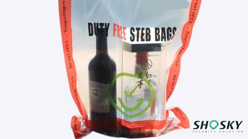 Duty free bag labeled 'Do not open' with two items