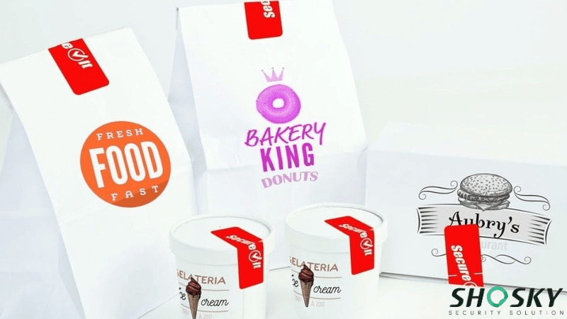 food packaging securing by Shosky's tamper-evident label