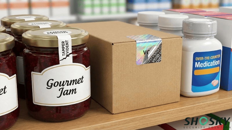 different Shosky's tamper-evident solutions using on retail products