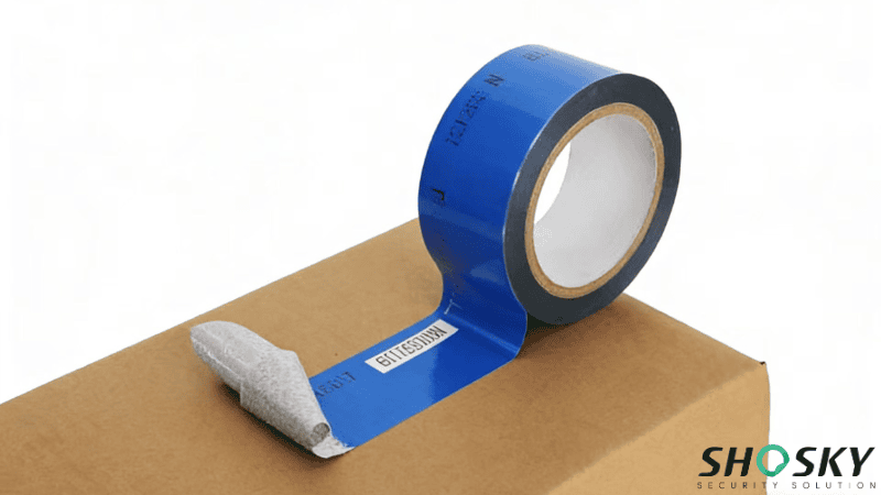 A blue serialized Non-Transfer Tape showing on a box