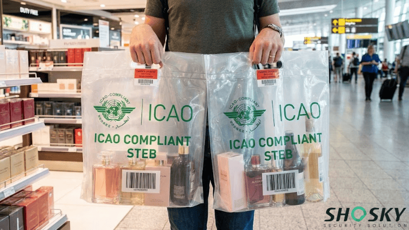 a man is taking 2 ICAO-compliant duty-free security bags