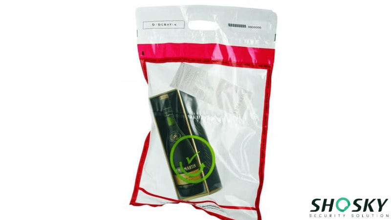 Transparent duty-free bag with a red border and a ICAO logo