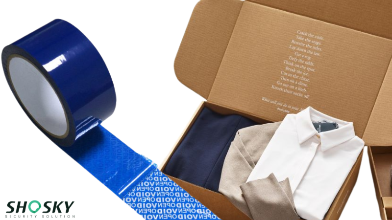 Apparel packaging with SHOSKY VOID tape ensuring shipment security
