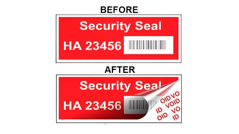 Red security seal showing intact state and tampered state with hidden message exposed