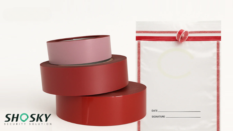 Tamper-evident security tape rolls next to a tamper-evident bag with a red seal and marking area