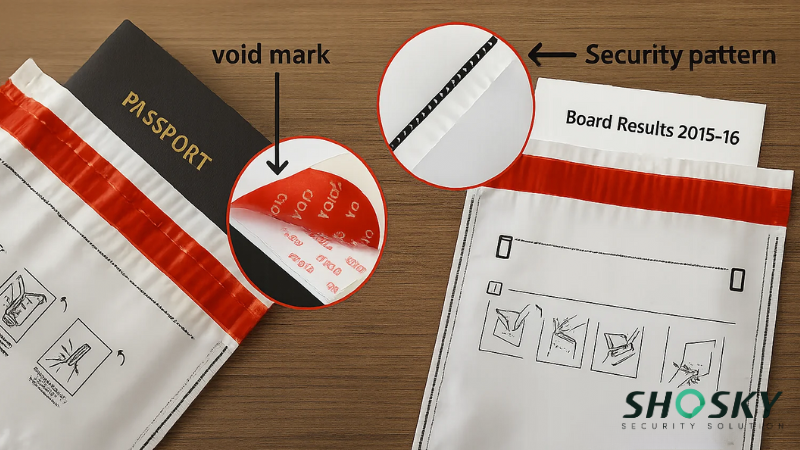 Close-up of security tape with void marks and a clear security pattern on a sealed bag