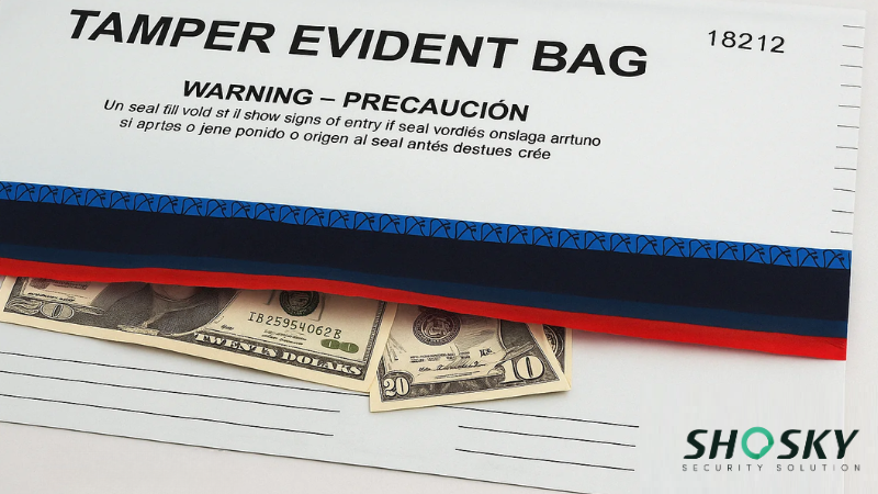 A tamper-evident bag holding currency with visible red, blue, and black sealing tape