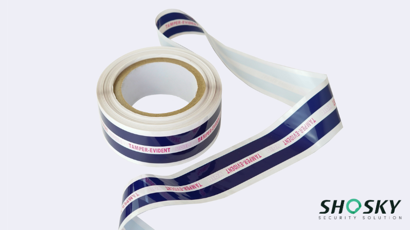 a blue tamper evident bag tape