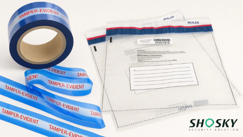 Roll of blue security bag tape next to sealed security bags with built-In security features
