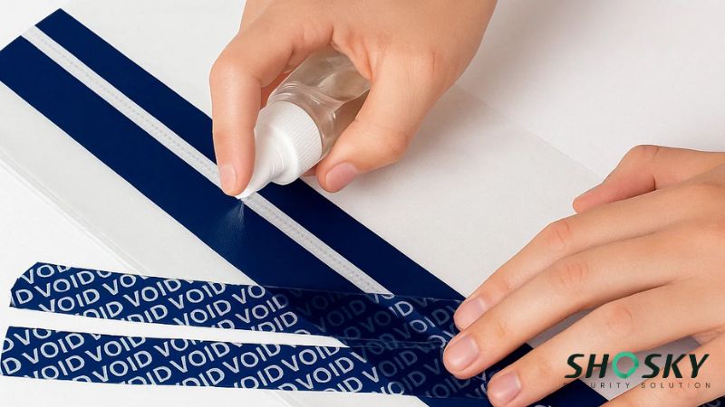 Worker adding adhesive to tamper-proof tape to ensure strong bonding and security