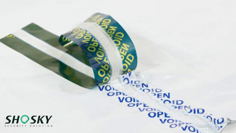 Close-up of security bag tape revealing security message "VOID" text