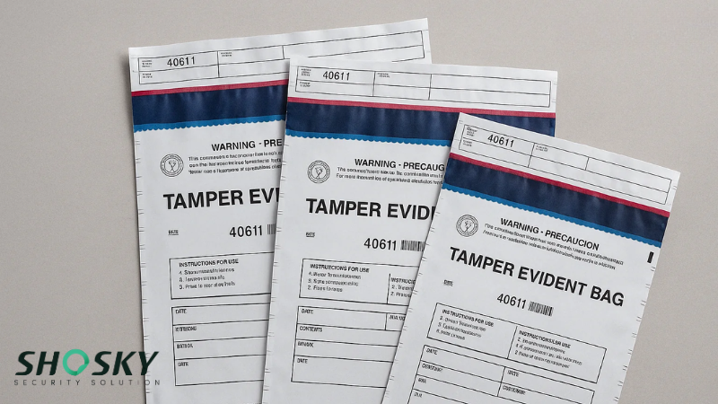 Close-up of tamper-proof bags with printed fields for contents and tracking details