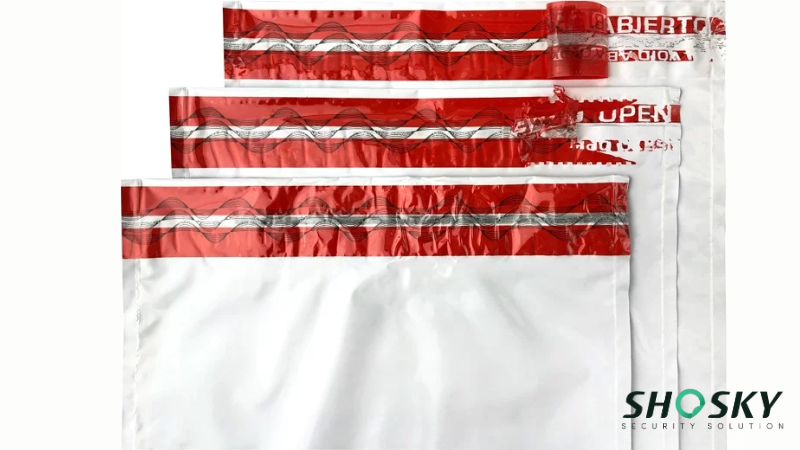 Multiple security bags with red tamper-evident seals, showcasing compliance features