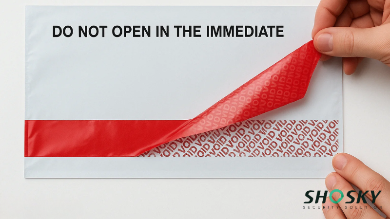 Security bag with a red tamper-evident tape being peeled, showing adhesion strength