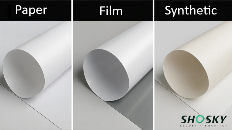 A visual comparison of tamper-evident substrates including paper, film, and synthetic materials