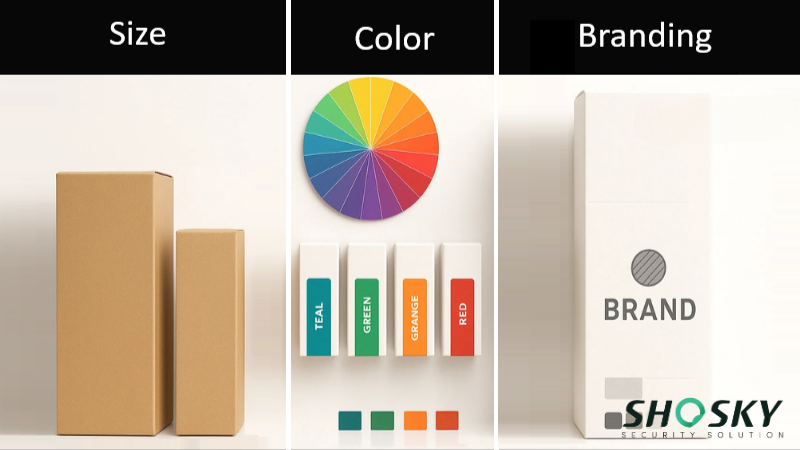 A visual representation of tamper-evident solutions customization needs including size, color, and branding