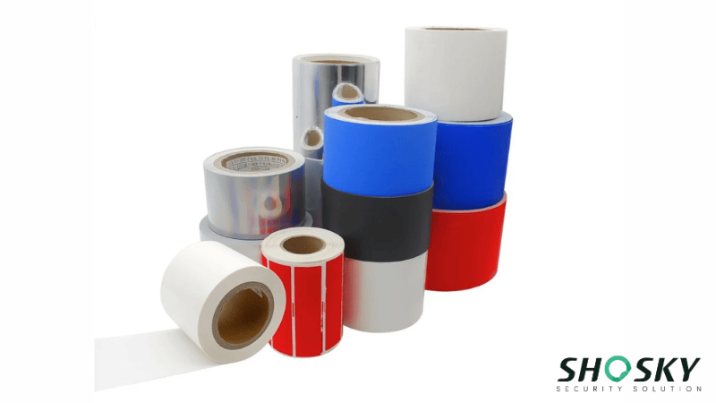 Multiple rolls of tamper-evident security tape in different colors, sizes, and styles