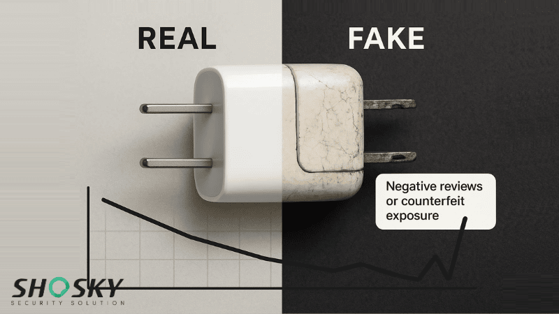 Graph beneath adapters showing declining sales for 'REAL' and sharp increase in exposure under 'FAKE,' highlighting counterfeit implications