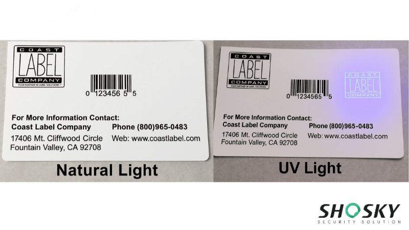 Product label under UV light displays hidden security features for tracking