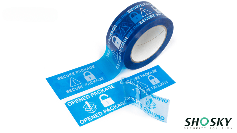 Blue security tape revealing hidden messages upon removal to detect unauthorized access