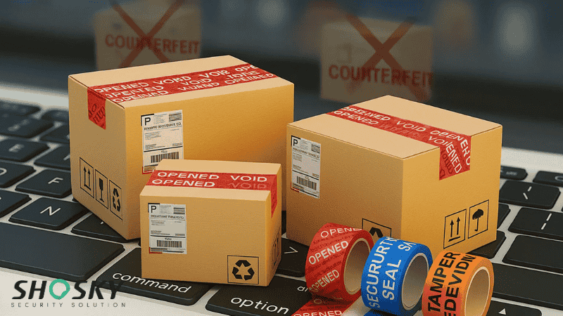Tamper-evident tape on packaging, showing brands using them to fight counterfeit goods