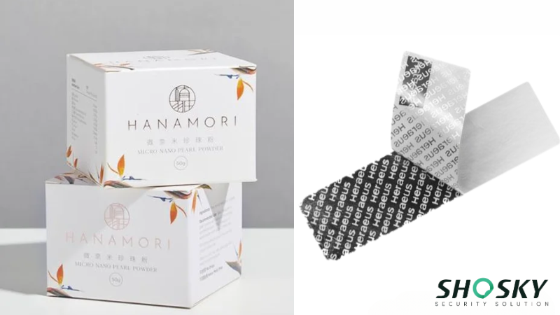 Beauty products alongside a close-up of a glossy black and white tamper-evident label