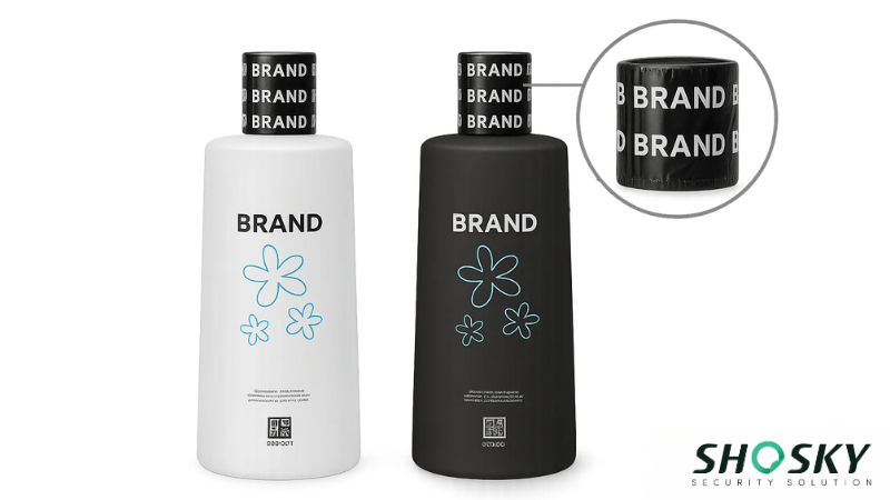 Heat-shrunk bands on cosmetic bottles ensuring visible tamper-evident protection and integrity