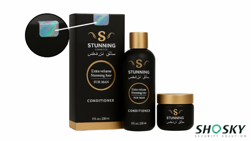 Cosmetic set with tamper-evident holographic label, integrating branding and security