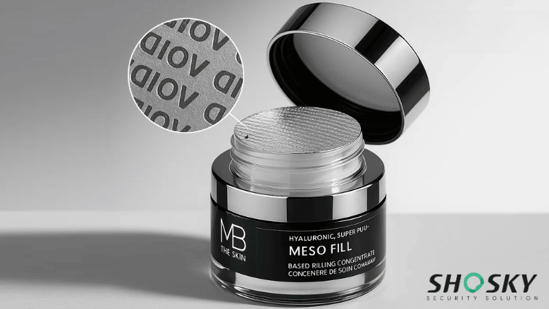 Luxury skincare bottle with breakable cap and inner seal labeled 'MB THE SKIN'