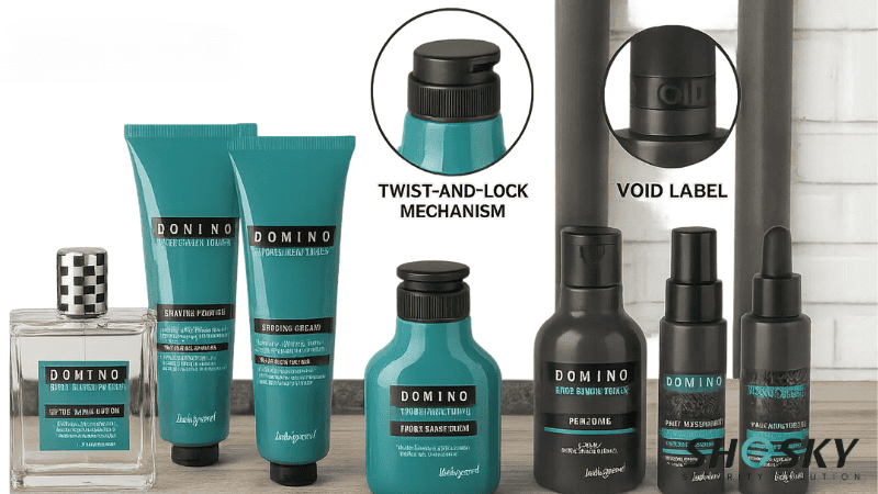 Beauty products by Domino highlighting void label and twist-and-lock cap technology