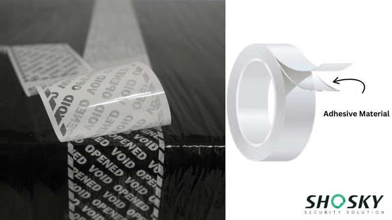 Left side shows adhesive tape with tamper-proof design, while right side explain adhesive roll structure