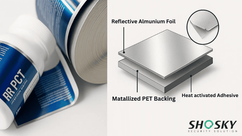 Left side shows tamper-proof alminium foil label, while right side explain foil structure