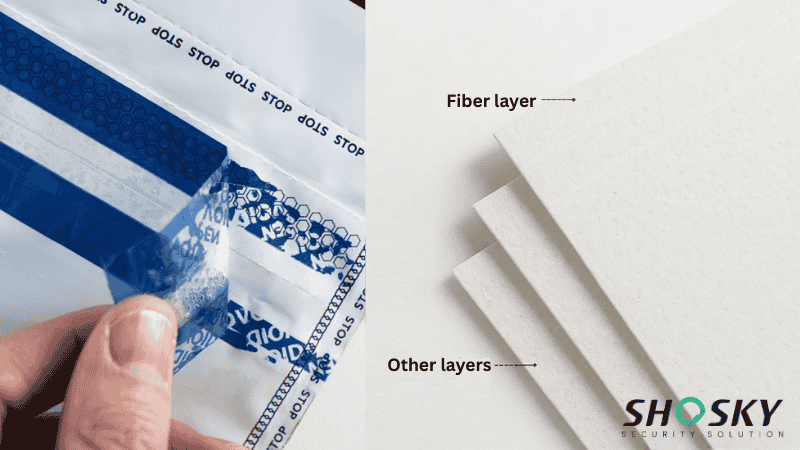 Left side reveals security tape with tamper marks, while right side shows layered structure of tape