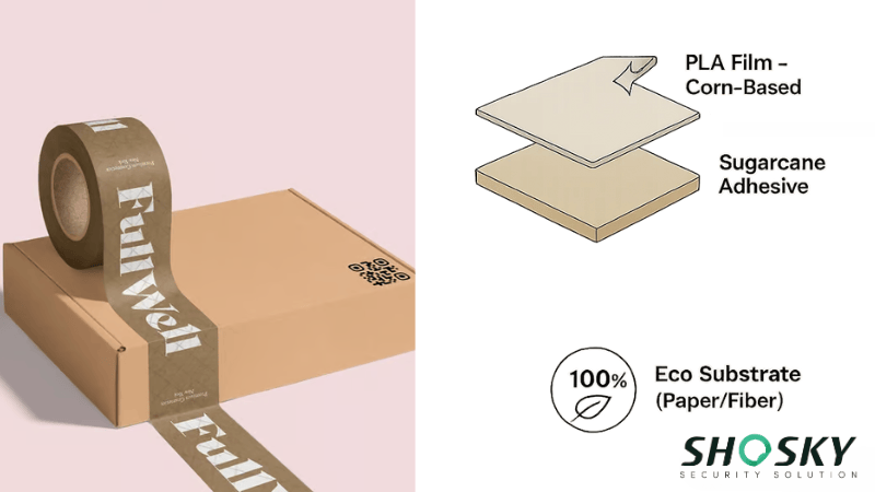 Left side shows Biodegradable adhesive tape with tamper-proof design, while right side structure of tape