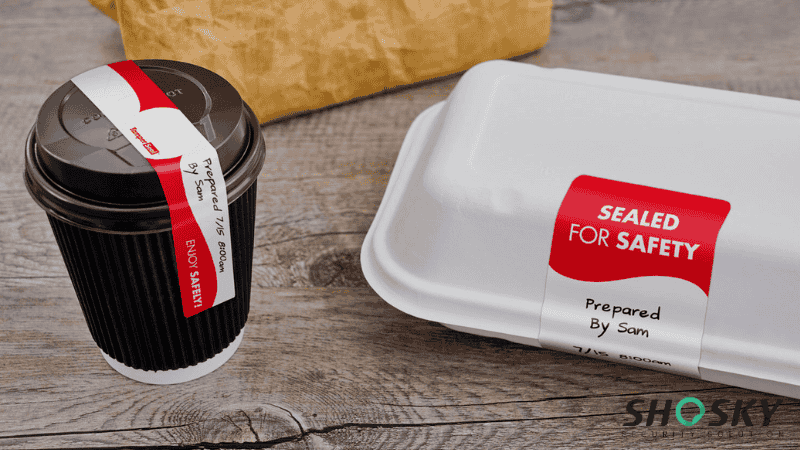 Eco-conscious tamper-proof labels securing coffee cup and food container contents