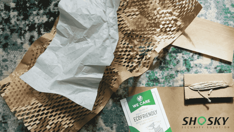 Eco-friendly packaging materials, including honeycomb paper and compostable brown films